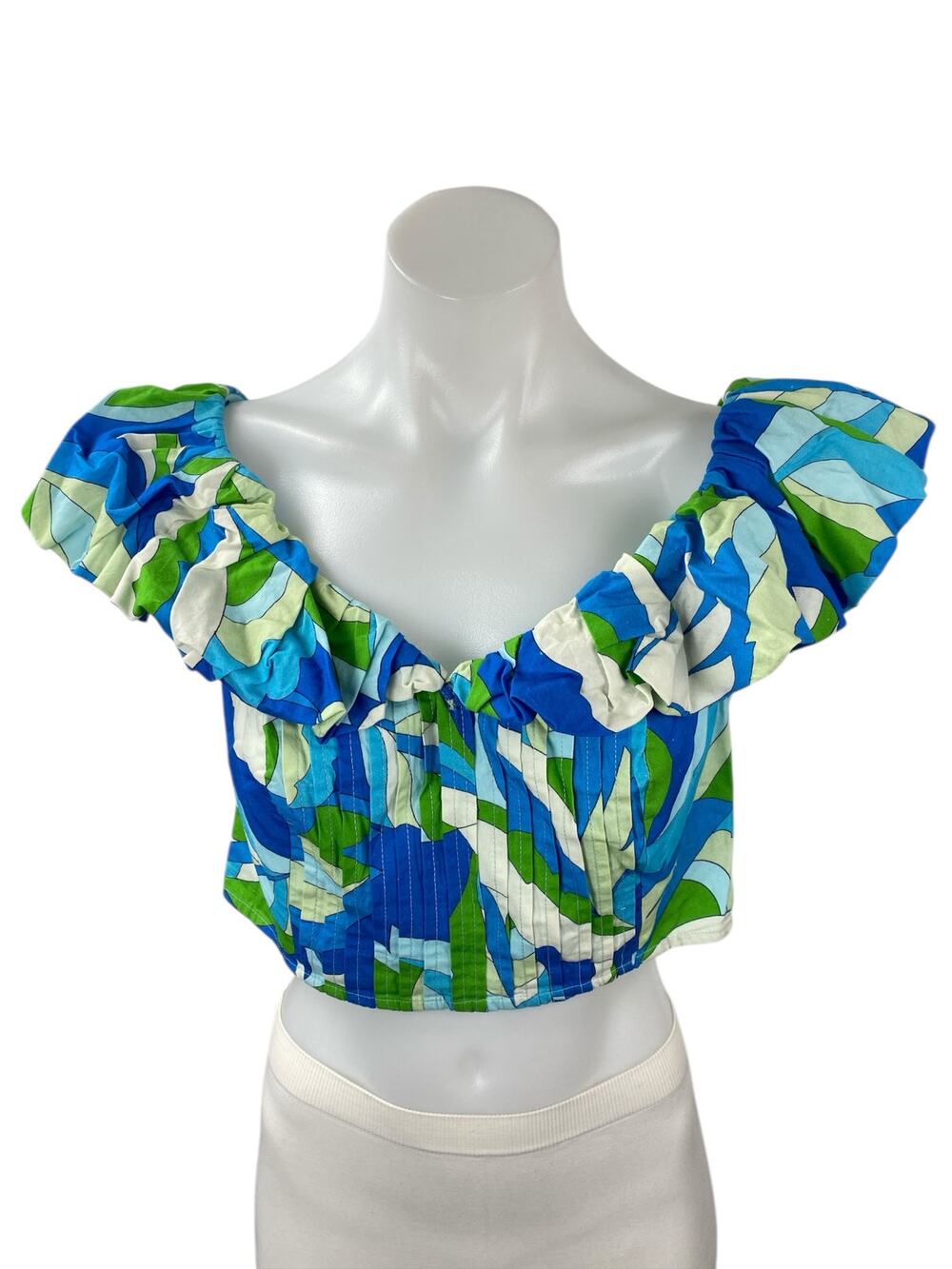Anthropologie Maeve Abstract Multicolor Ruffle Off Shoulder Crop Blouse Top Sz S